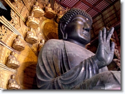 the-great-buddha-nara * The Giant Buddha or the Daibutsu, world's largest gilded bronze Buddha built during the Nara period (8th cent). Nara was then the first permanent capital of Japan. The buddha have been heavily repaired over time and very little remains of the original work.

The position of left hand of buddha (oh! cant be seen in this picture) expresses buddha's desire to put an end to all suffering. The right hand extends his welcome to those in the world who suffer.